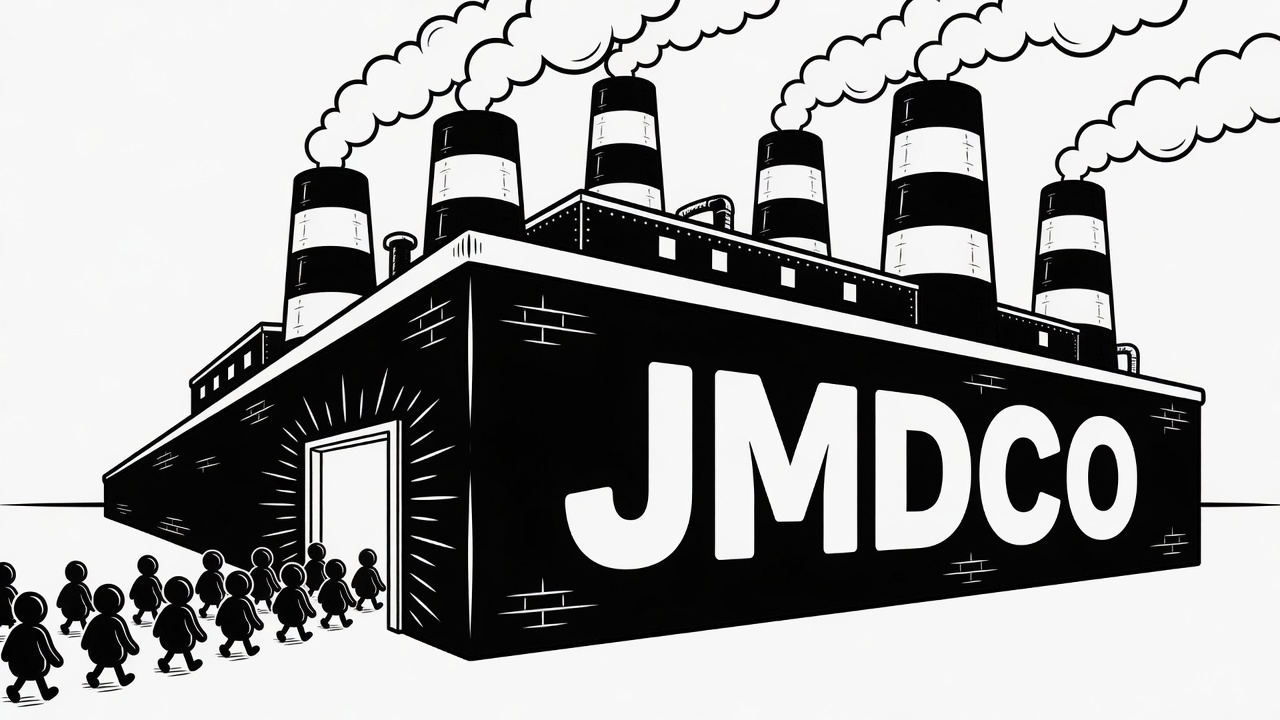 Black-and-white factory with JMDCO on the wall and figures leaving the side door